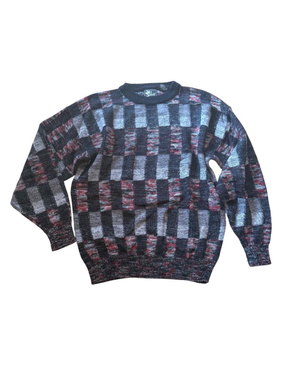 Alan Stuart Men's Knit Sweater XL Black Checkered Vintage Crewneck Grandpacore